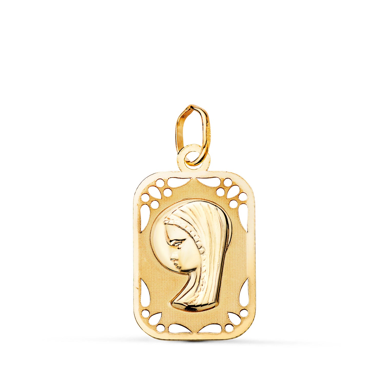 Médaille en Or Jaune 9K Représentant Une Jeune Vierge, de Forme Rectangulaire, Ajourée, Mat et Brillante. Dimensions : 19 X 12 mm