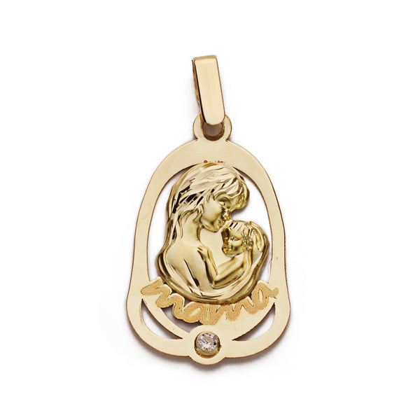 9K Pendentif en Or Jaune et Zircon Maman 25X15 mm