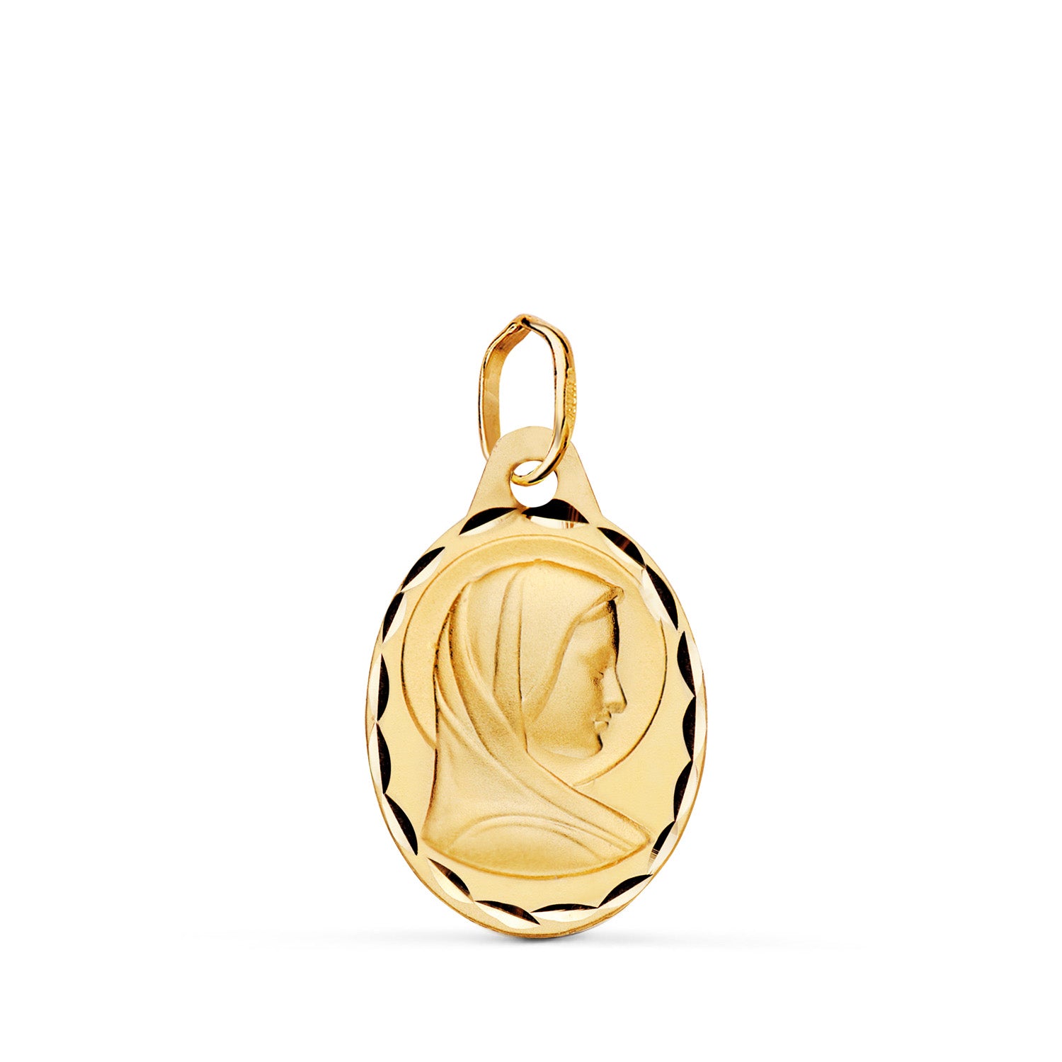 9K Medalla Oro Amarillo Virgen Maria Oval Tallada Matizada. Medida: 19 X 12,5 mm