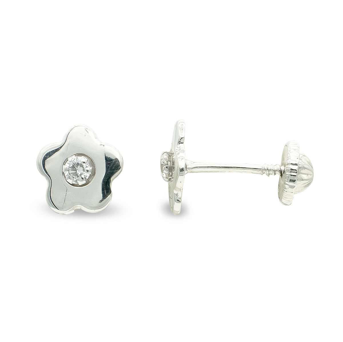 Pendientes Flor Oro Blanco 9K Circonitas 7 mm Cierre Rosca