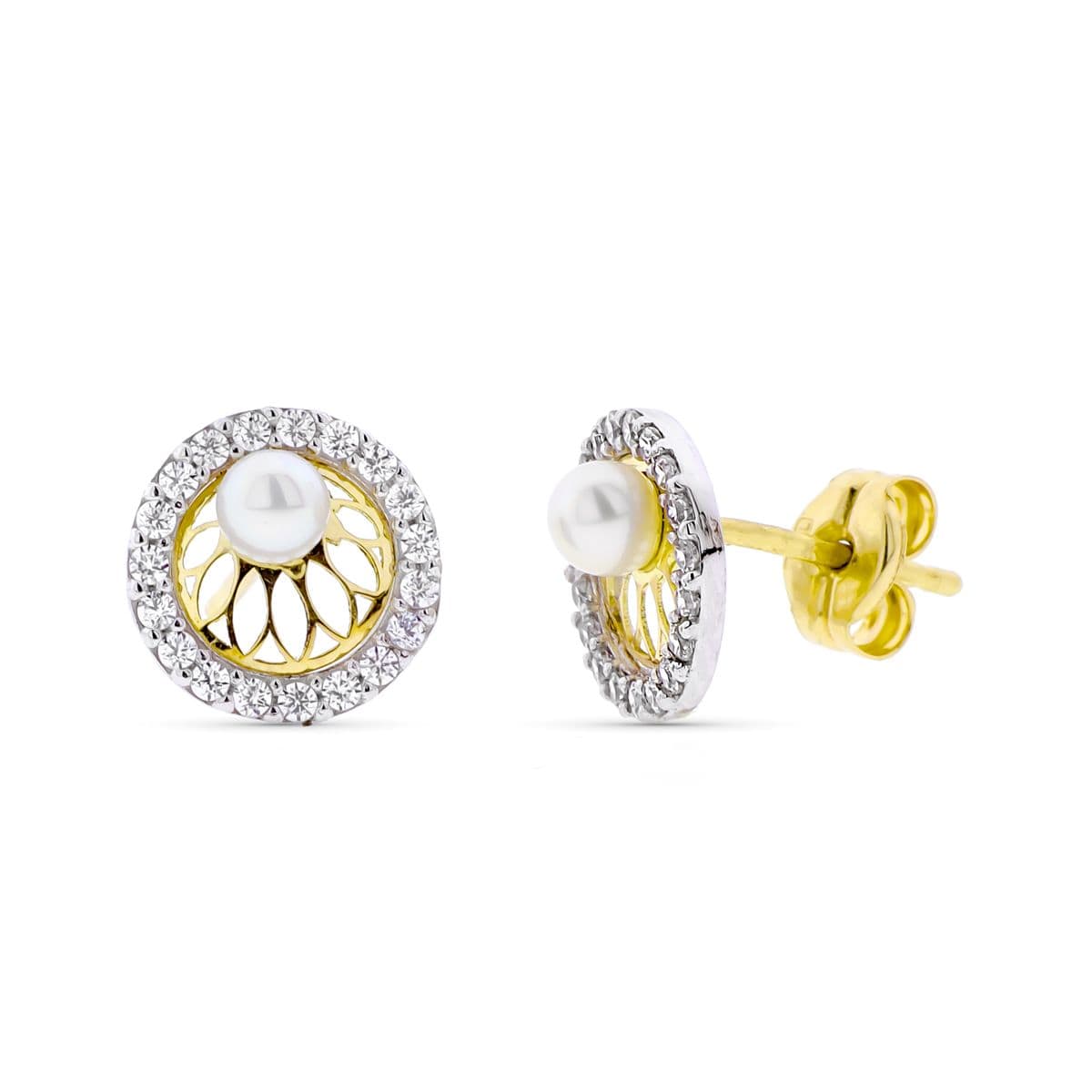 Orecchini rotondi, perle e zirconi 9K. 8mm