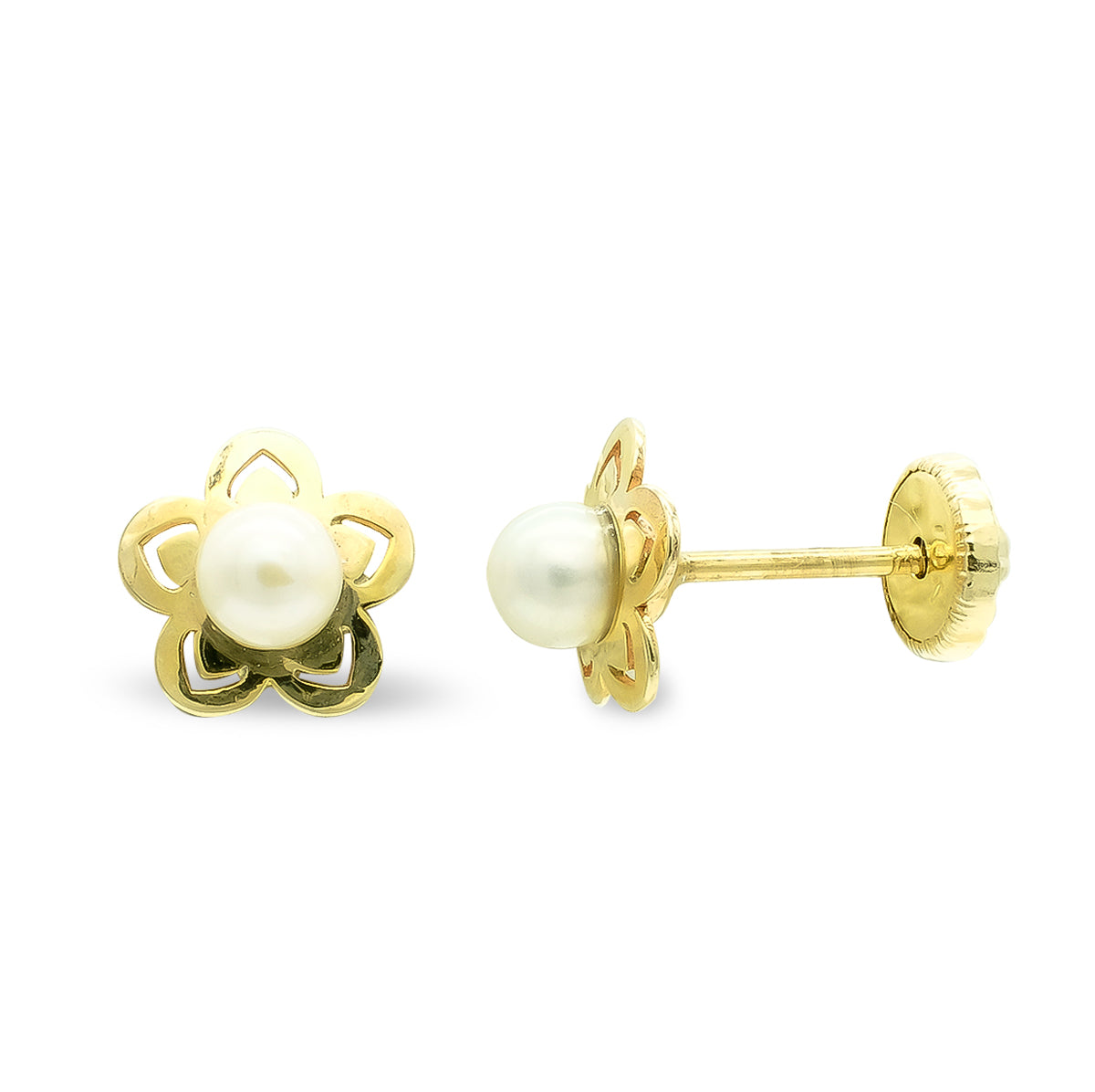 Boucles d'oreilles Fleur et Perle 35MM Or Jaune 9K Fermoir a Vis