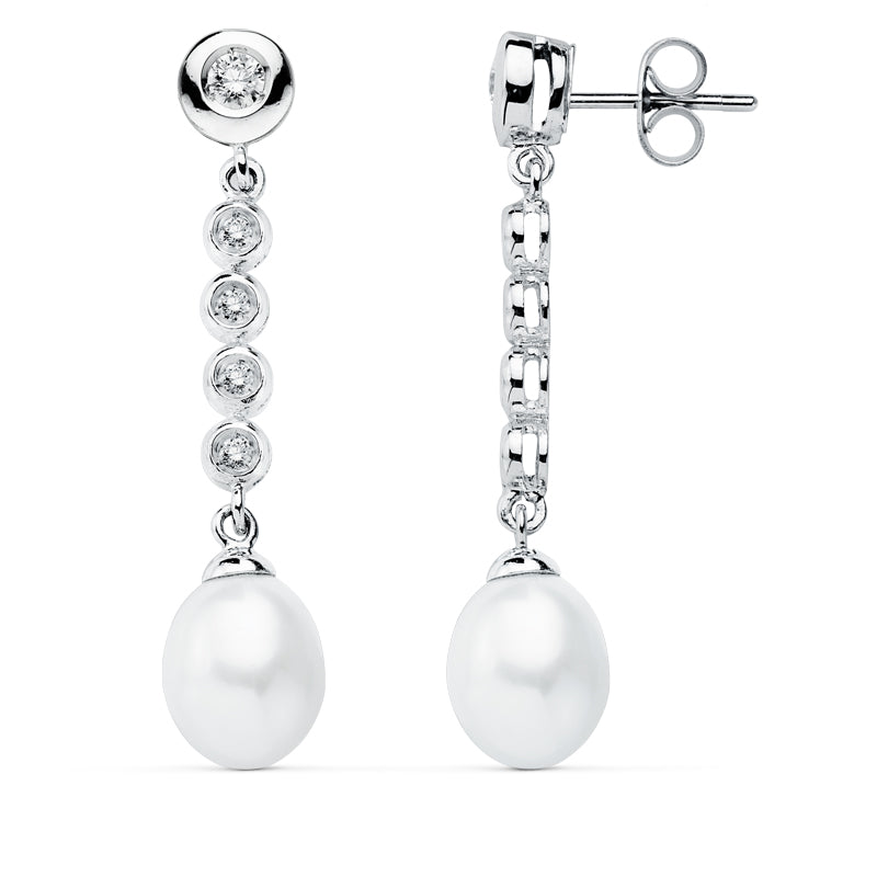 9K Boucles Doreille en Or Blanc et Perle. 40X10 mm Fermoir Poussettes Papillon