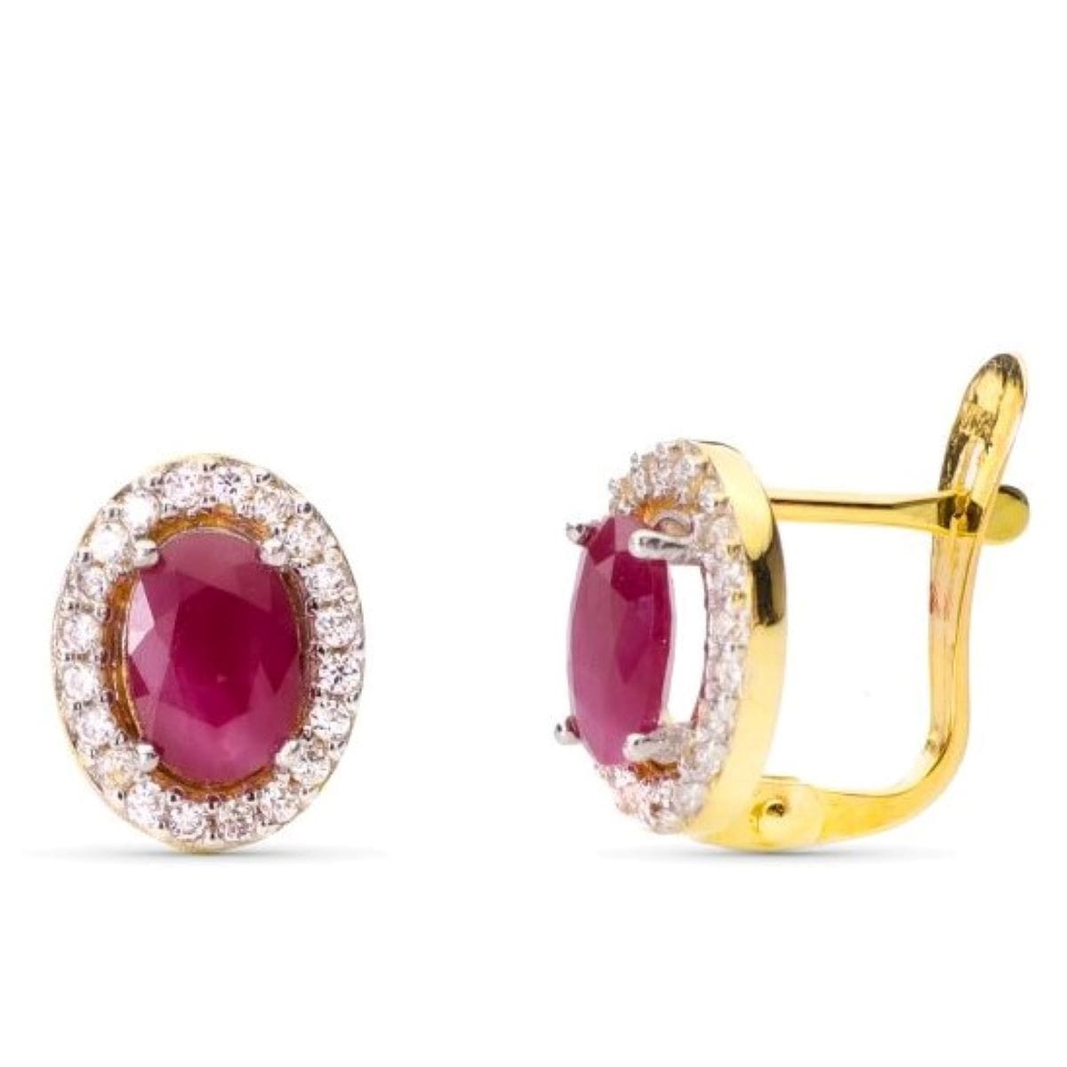 9K Gold Two-tone Ruby Earrings with White Zircon 6X4 mm Catalan Clasp