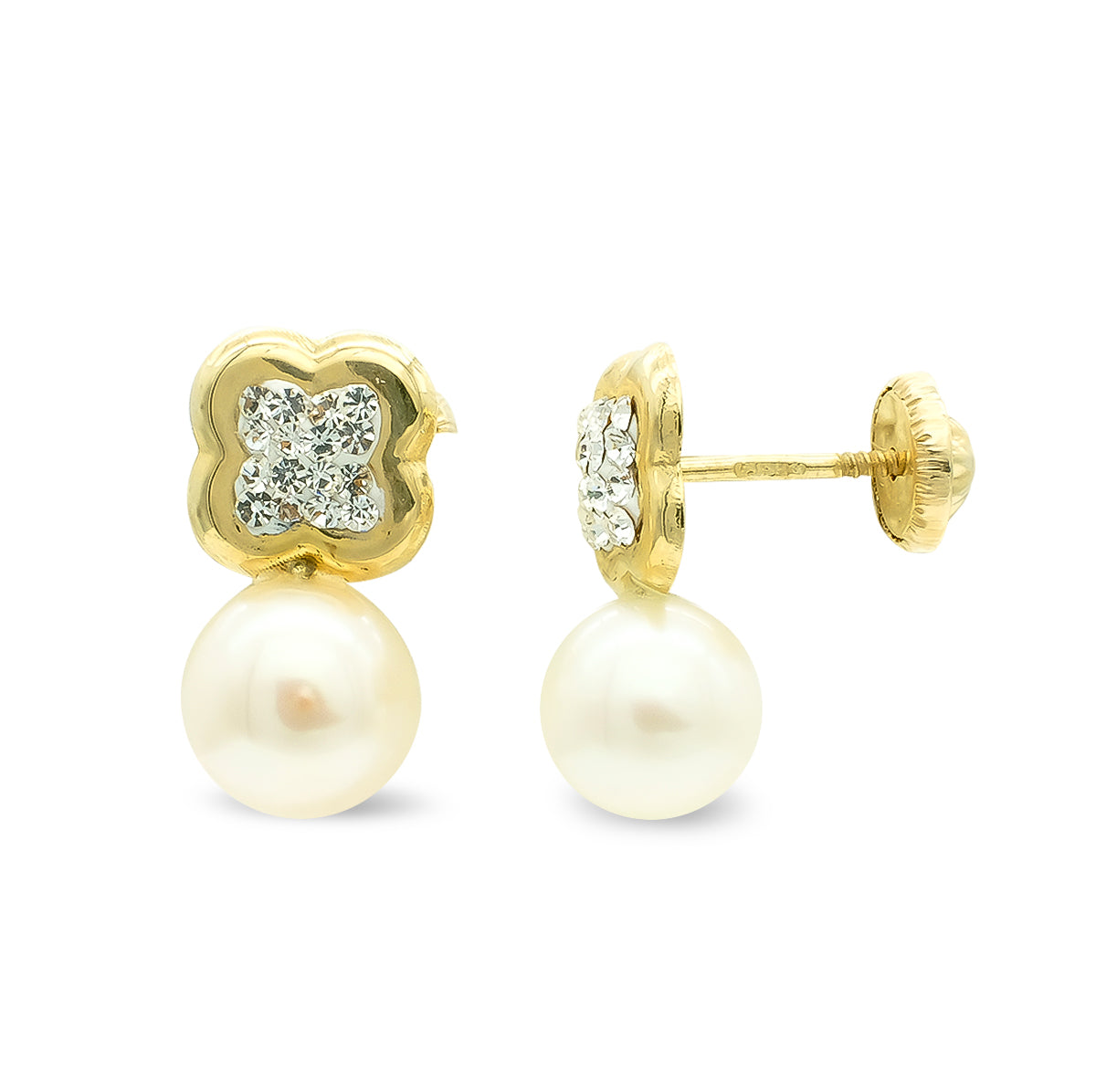 Boucles d'oreilles Or Jaune 9K Fleur de Toi et Moi avec Zircon et Perle 13X7 mm Fermoir Mousqueton