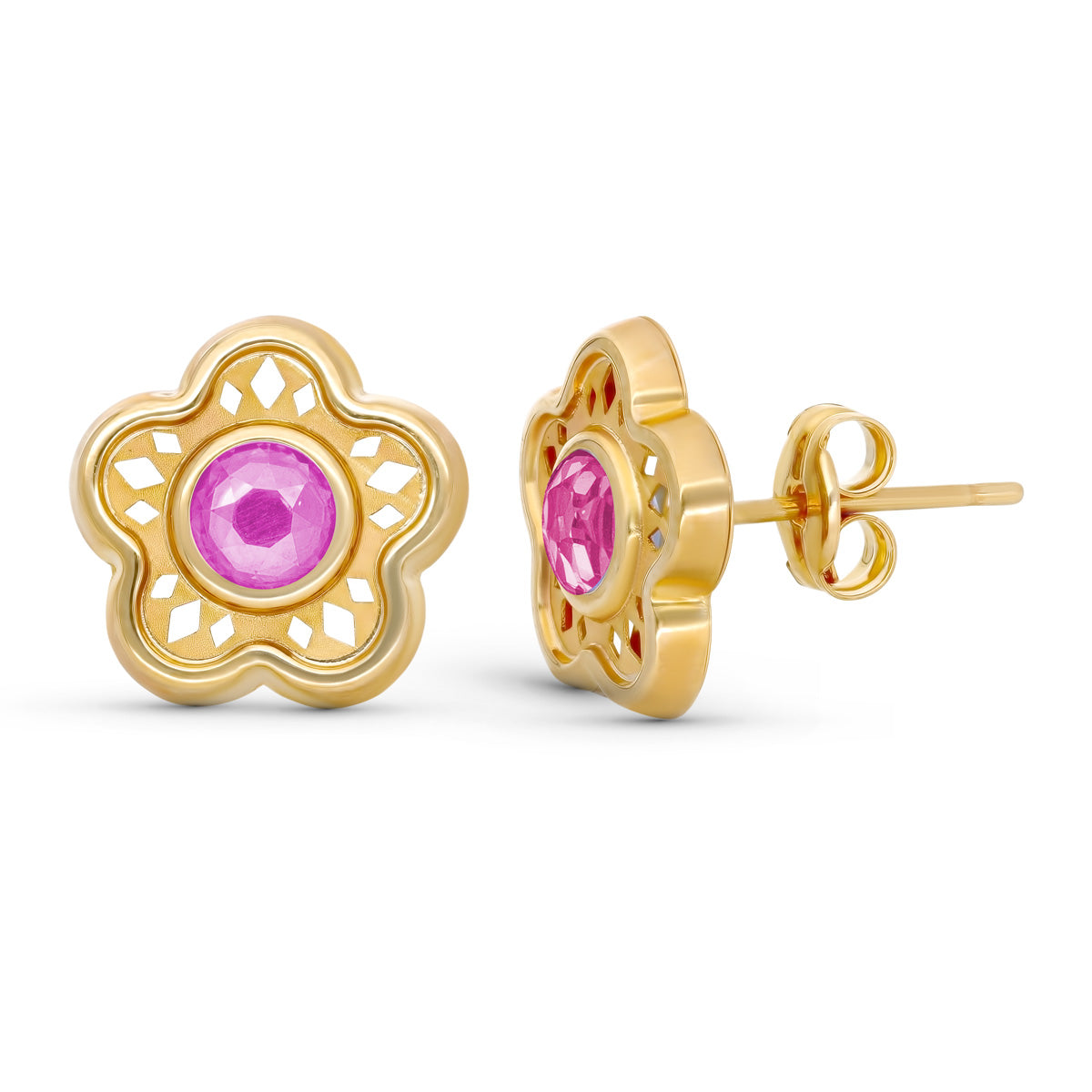 9 K gul guld blomst 11 MM pink sten øreringe