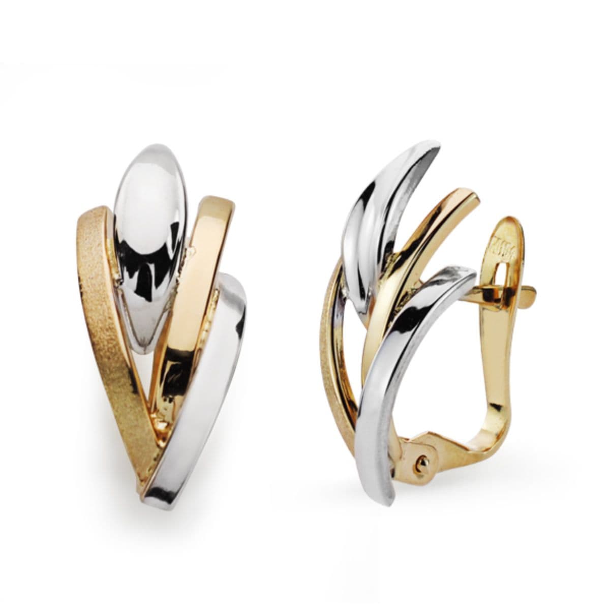 9K Two-tone Gold Earrings with Matte and Shiny Bands Size: 16 x 7 mm Catalan Clasp