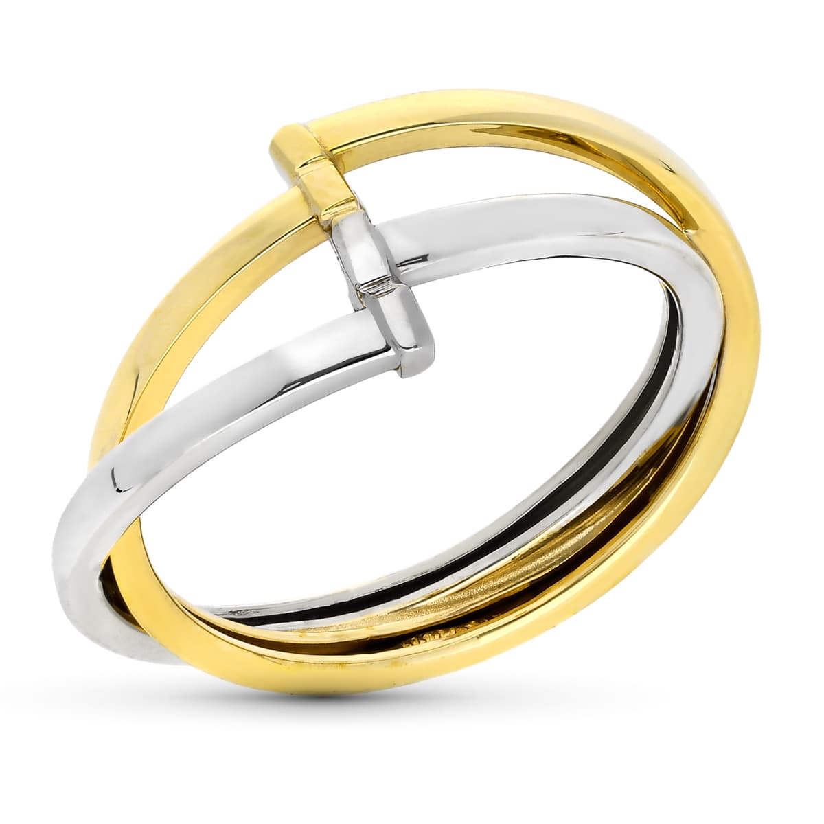 Anillo de Oro Bicolor de 9K con Bandas Lisas y Brillantes Ancho: 10 mm