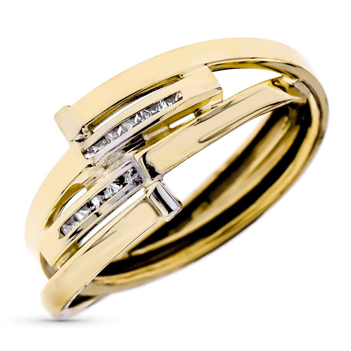 9K gul guld krydsbåndsring med zirconia på et 10 mm bredt bånd