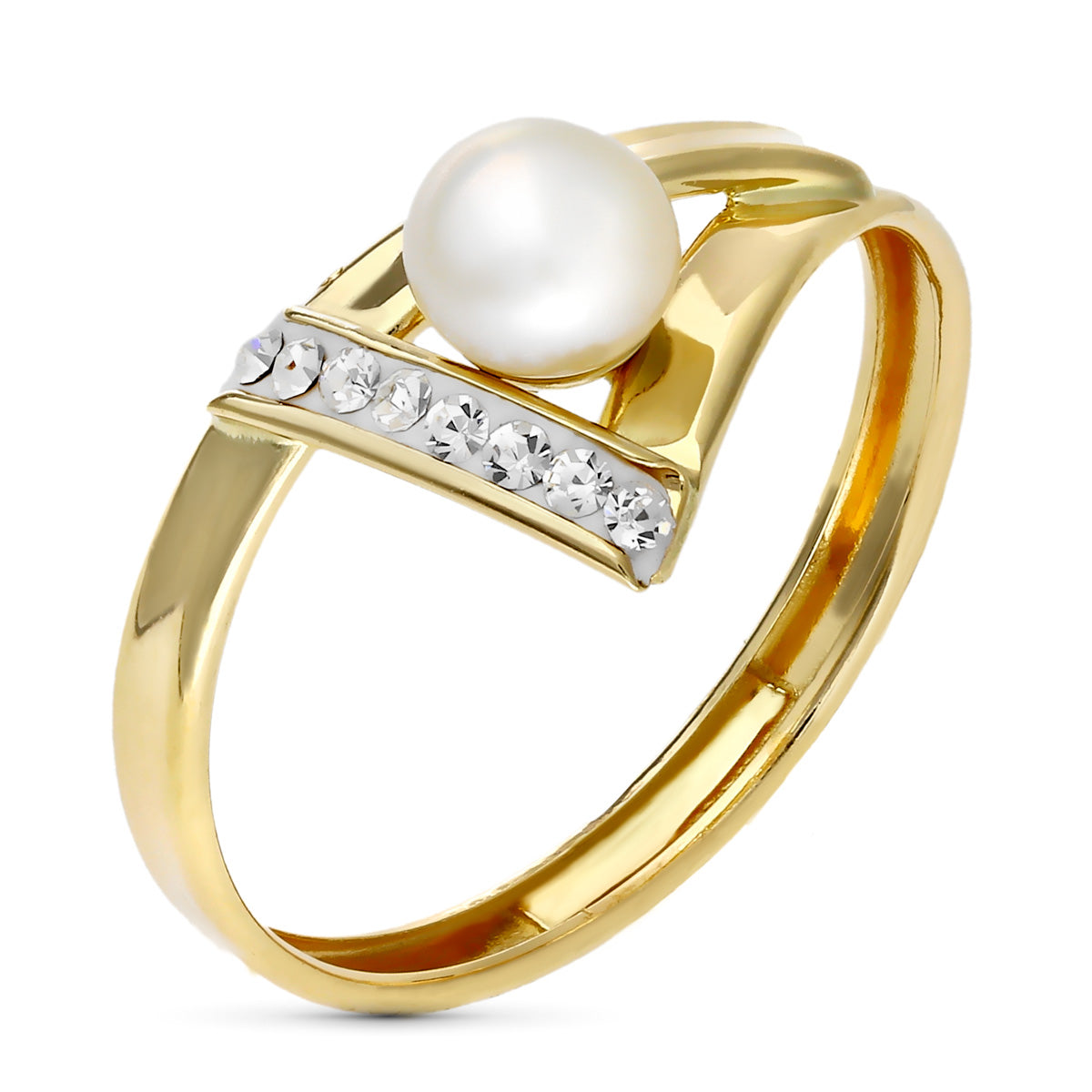 Anel em ouro amarelo 9K com faixas com pérola de 5 mm Largura: 8 mm