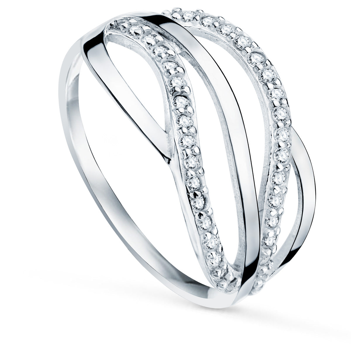 Bague en Or Blanc 9K avec Bandes avec Zircon Largeur: 10 mm