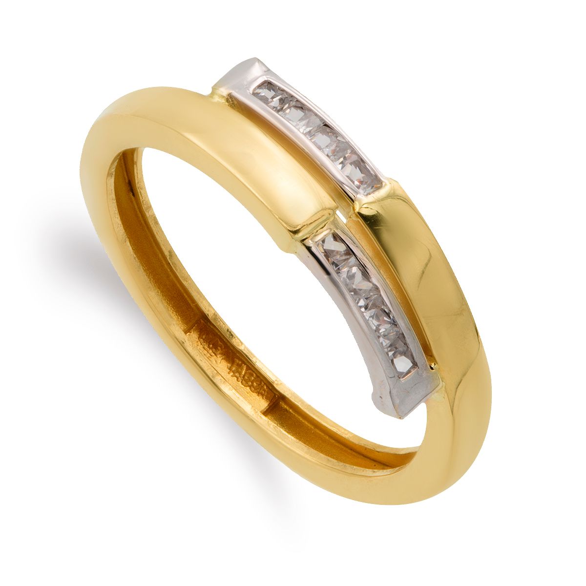 Anel em ouro bicolor 9K com faixas com zircônia no trilho Largura: 5 mm