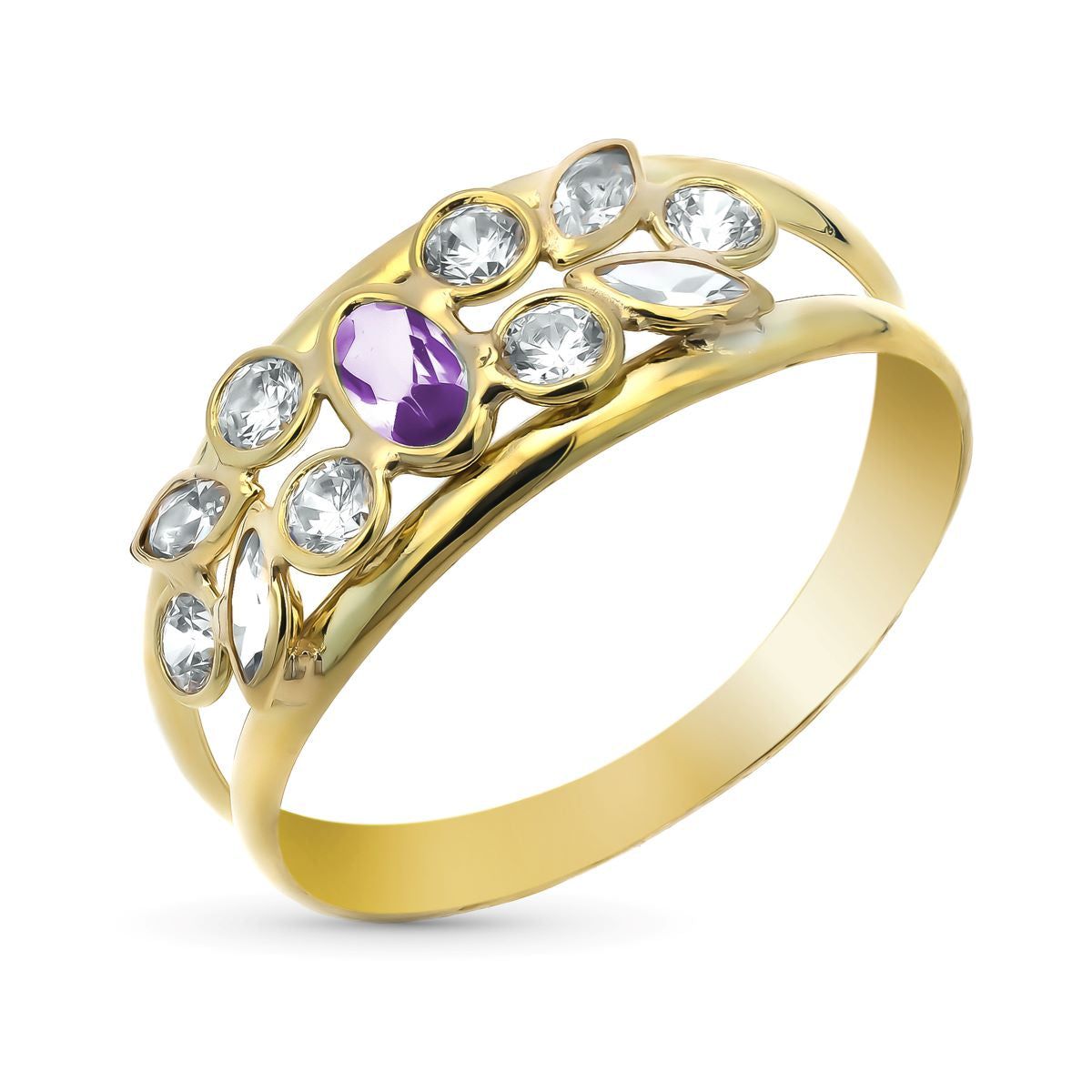 Bague Double Corps en Or Jaune 9K avec Améthyste et Zircon Largeur 8 mm