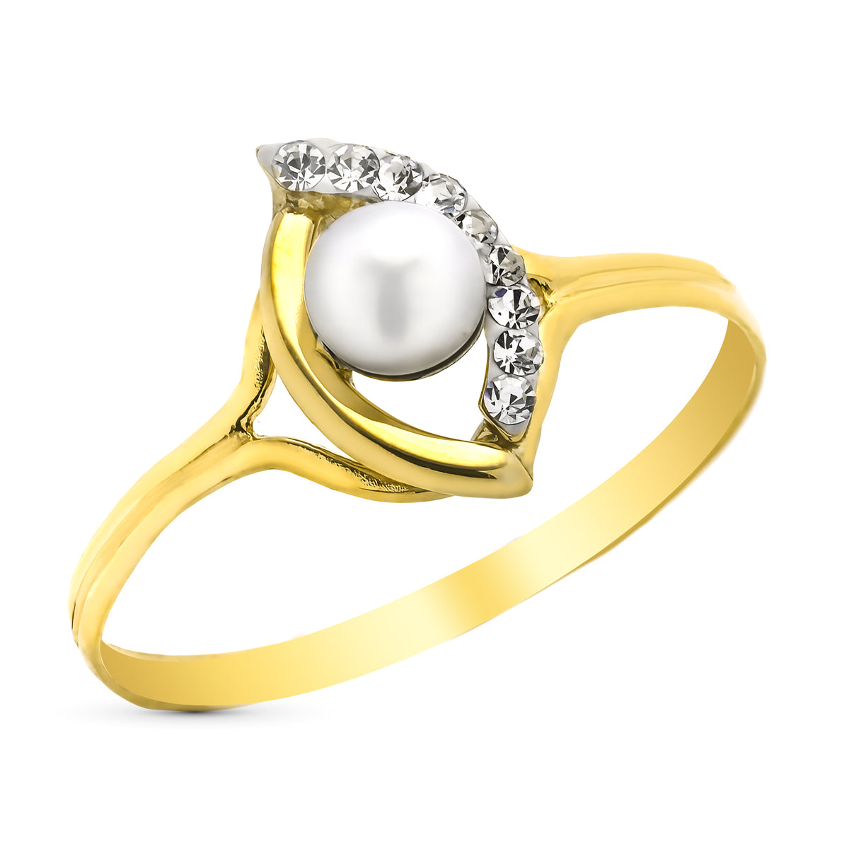 9K Gulguld Ring med Perle og Zirkon Bredde: 11 mm