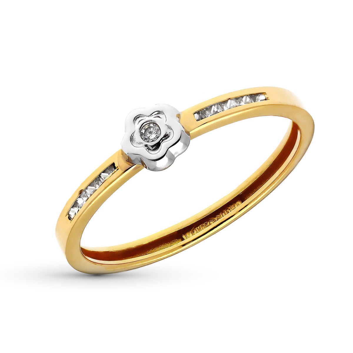 Anel em ouro bicolor 9K com motivo floral e zircônia largura 5 mm