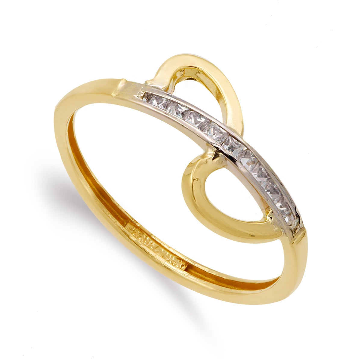 Bague en Or Bicolore 9K avec Feuilles Fendues avec Zircon sur Rail Largeur : 9 mm