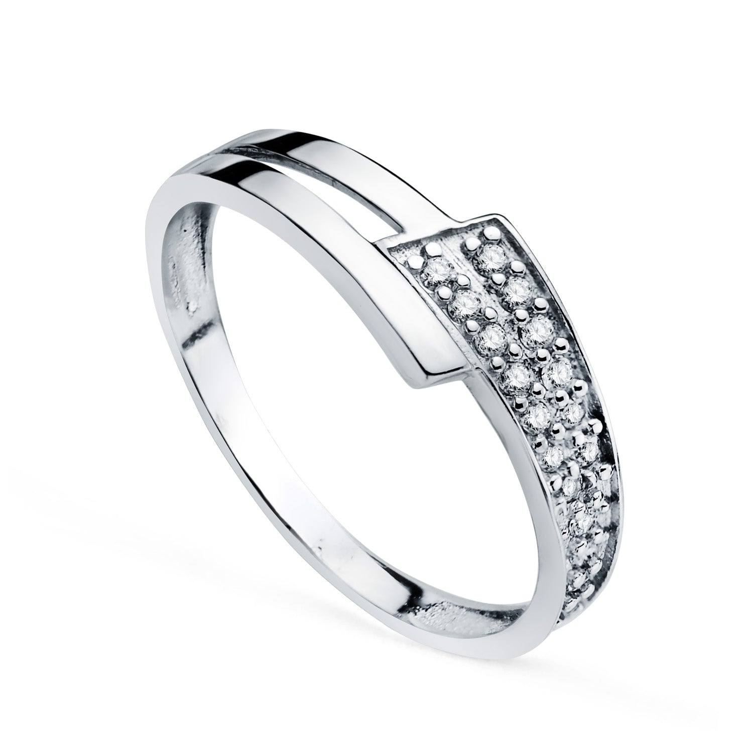 Bague en Or Blanc 9K avec Bandes Brillantes et Circonites ? Largeur : 6 mm