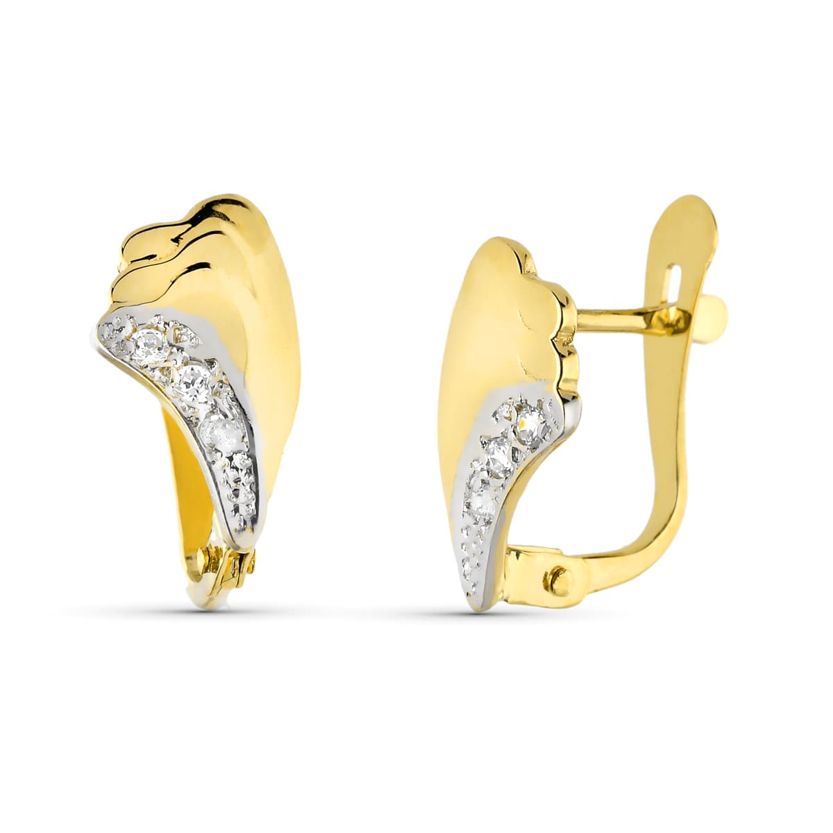 Pendientes Oro 9K Ondas Bicolor con Piedras Circonitas Tamaño: 12X6 mm Cierre Catalán