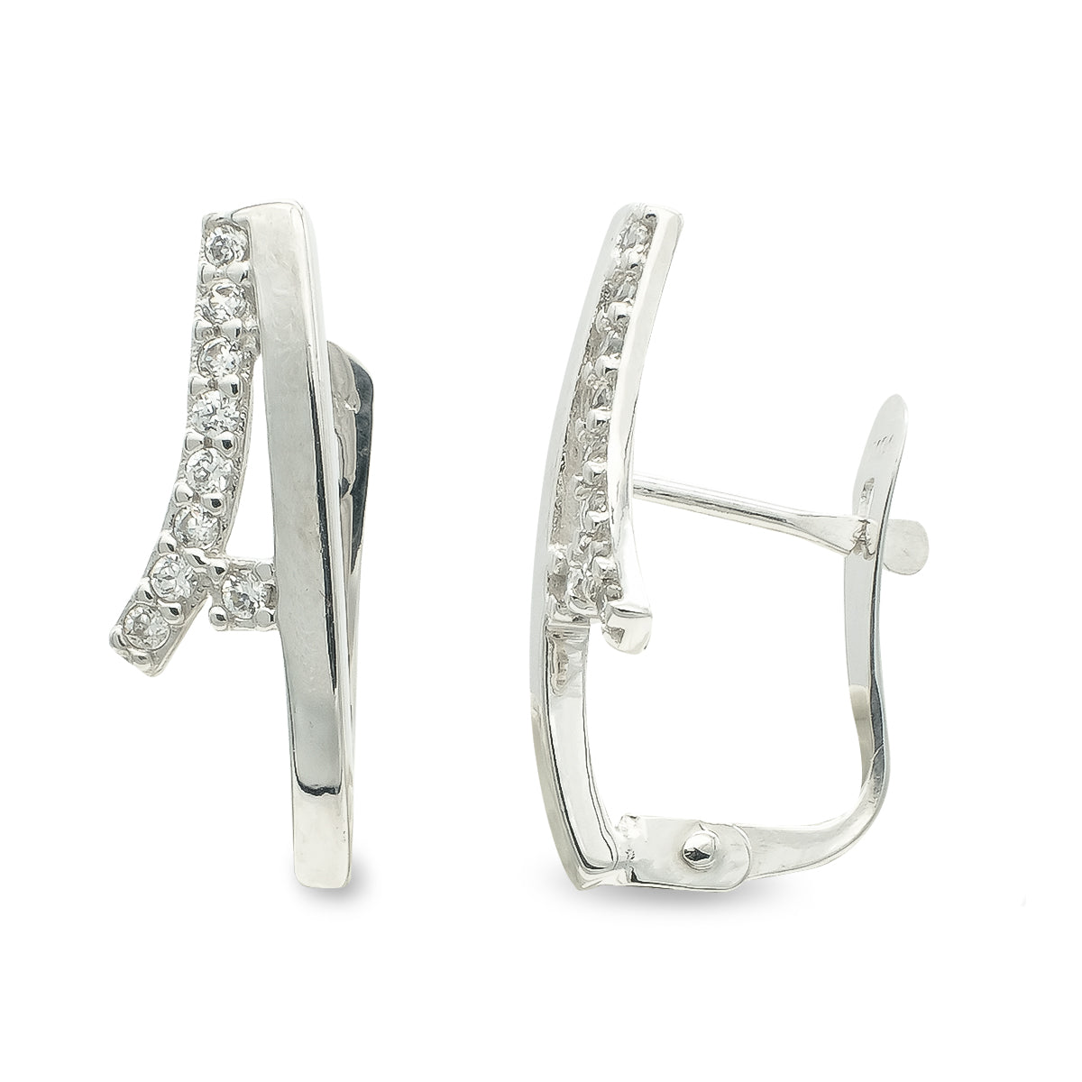 9K Boucles d'oreilles Zircons en Or Blanc. Fermoir Dormeuses. 17X 6 mm