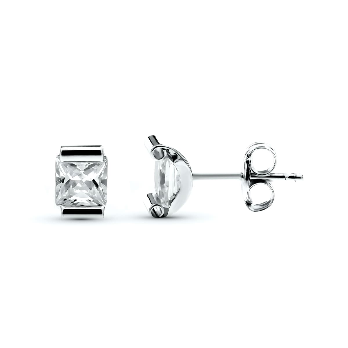 Boucles d'oreilles en Or Blanc 9K à Griffes Incurvées avec Pierres en Zircon Cubique Taille : 4 X 4 mm Fermeture à Pression