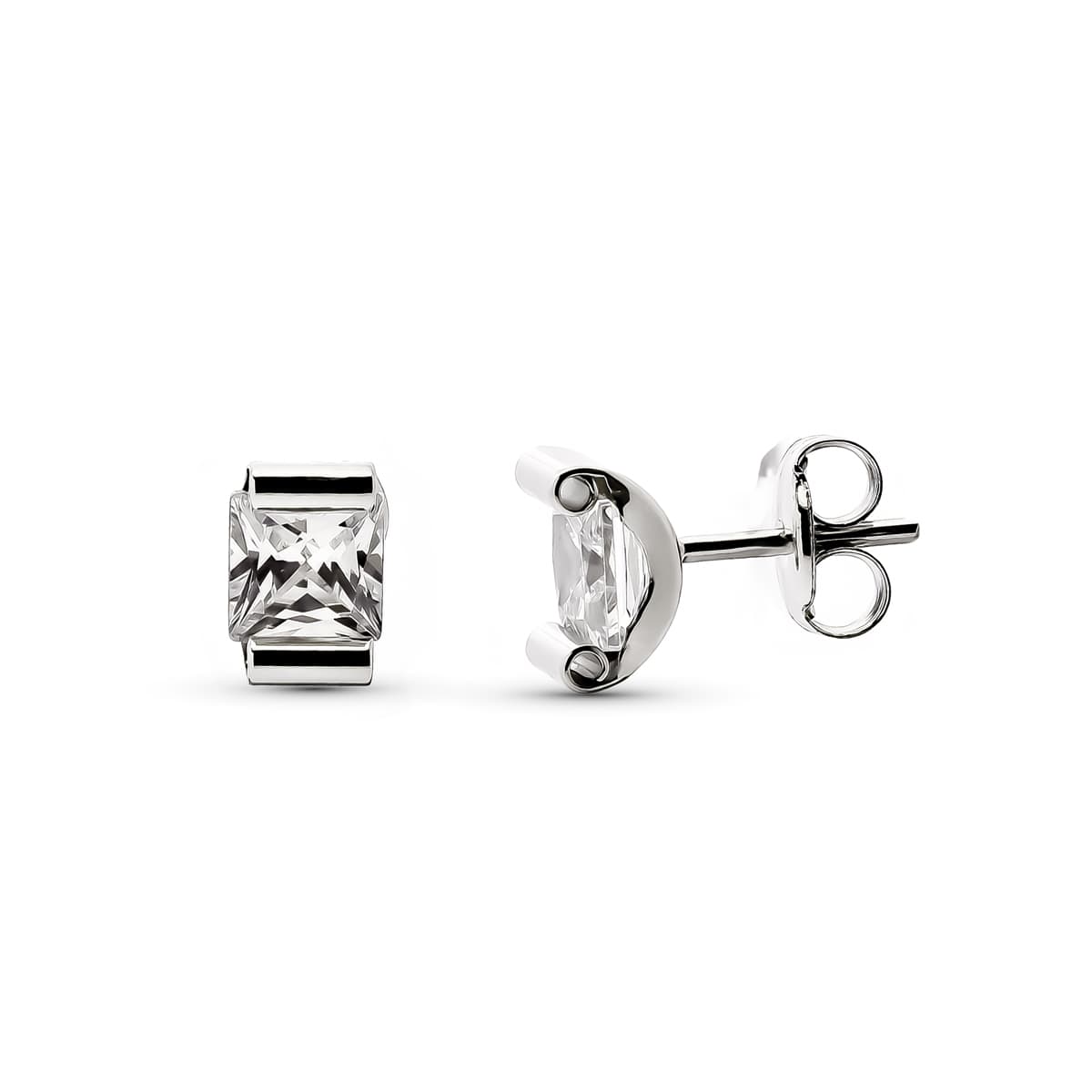 9K White Gold Earrings Curved Claw Zircon 4X4 mm Pousettes Butterfly Clasp
