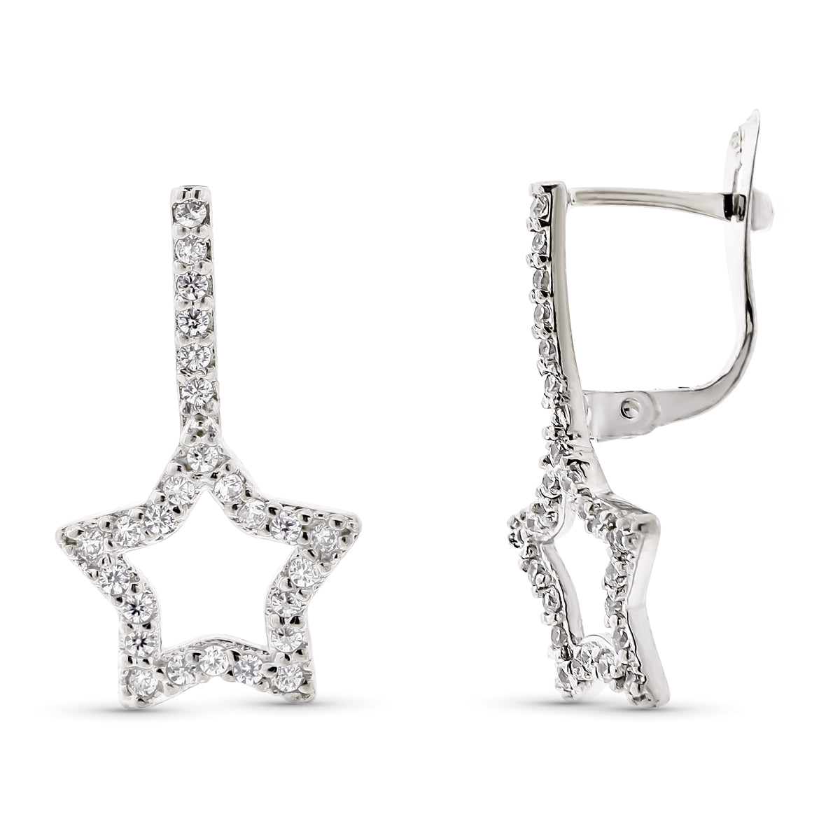9K Boucles d'oreilles Pendantes Étoiles en Or Blanc & Zircon 20X12MM