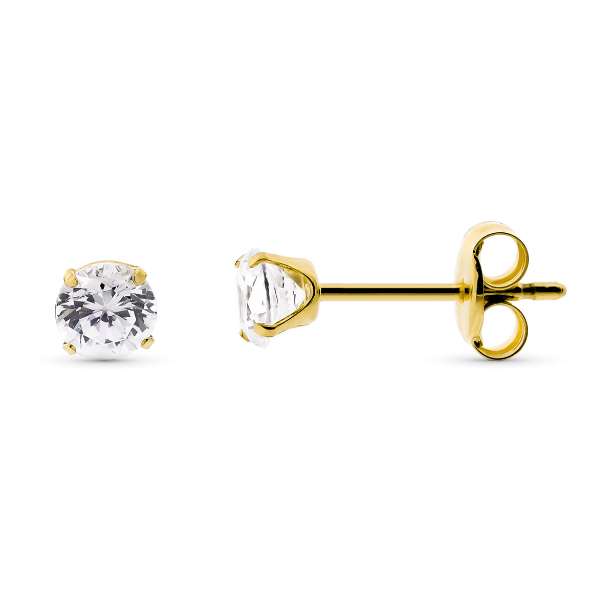 Boucles d'oreilles en Or Jaune 9K avec Zircon de 4 mm et Fermoir à Pression à 4 Griffes