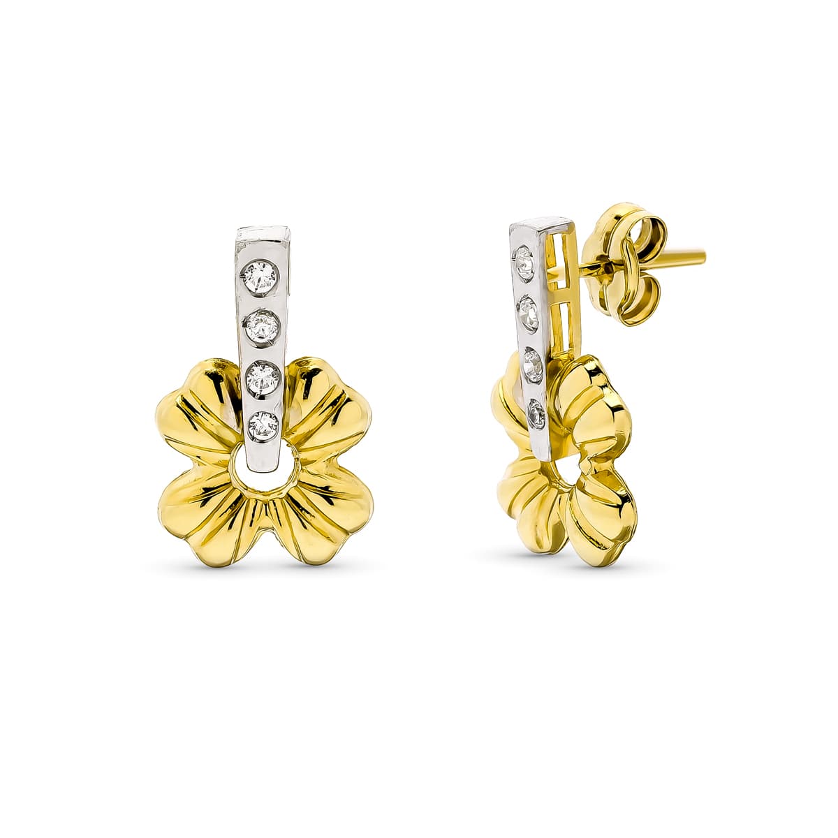 Brincos em ouro bicolor 9K com flores e zircônia em trilho com fecho borboleta