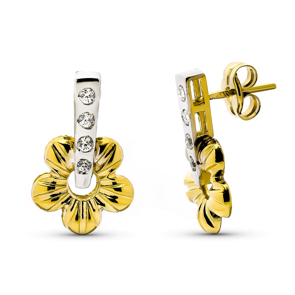 Pendientes Oro 9K Flor Bicolor Circonitas Tamaño Banda: 15 x 10 mm Cierre Mariposa