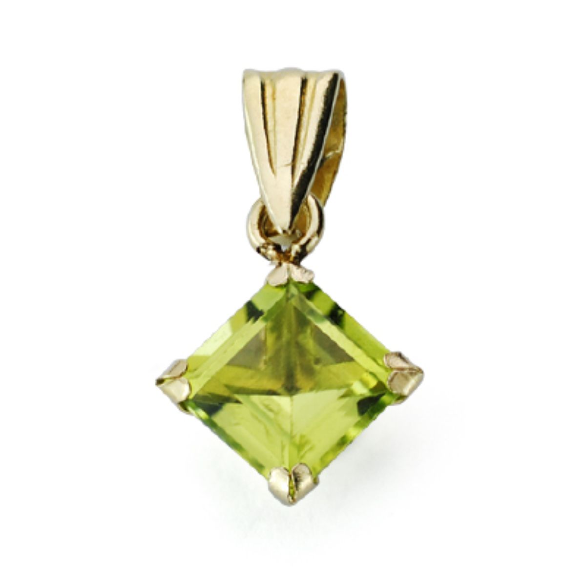 9K Pendentif en Or Jaune Péridot 0.71 Ct. Losange 4 Griffes. 5X5 mm
