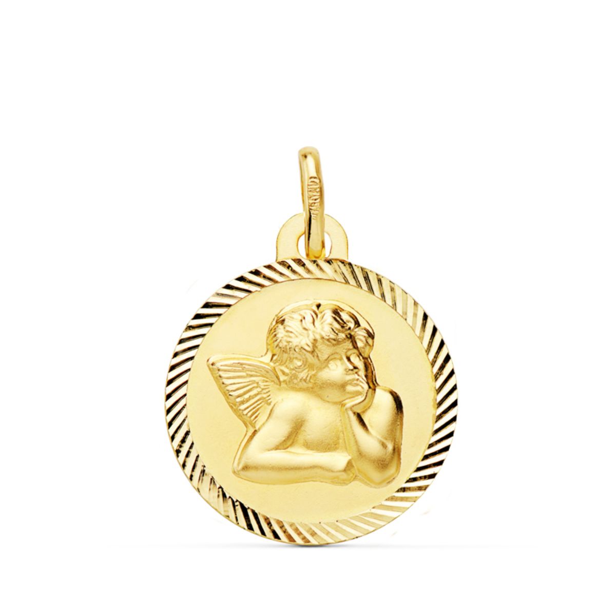 Médaille Ange Moqueur Ronde en Or Jaune 9K Entourée Dun Motif Sculpté 16 mm