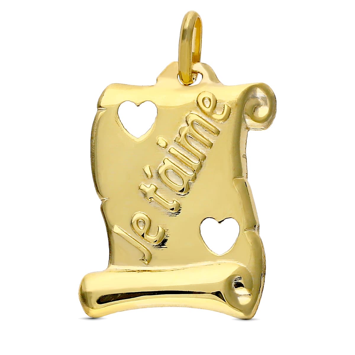 Rulle i 9 karat gult gull med gjennombrune hjerter “je Taime” 17X14 mm