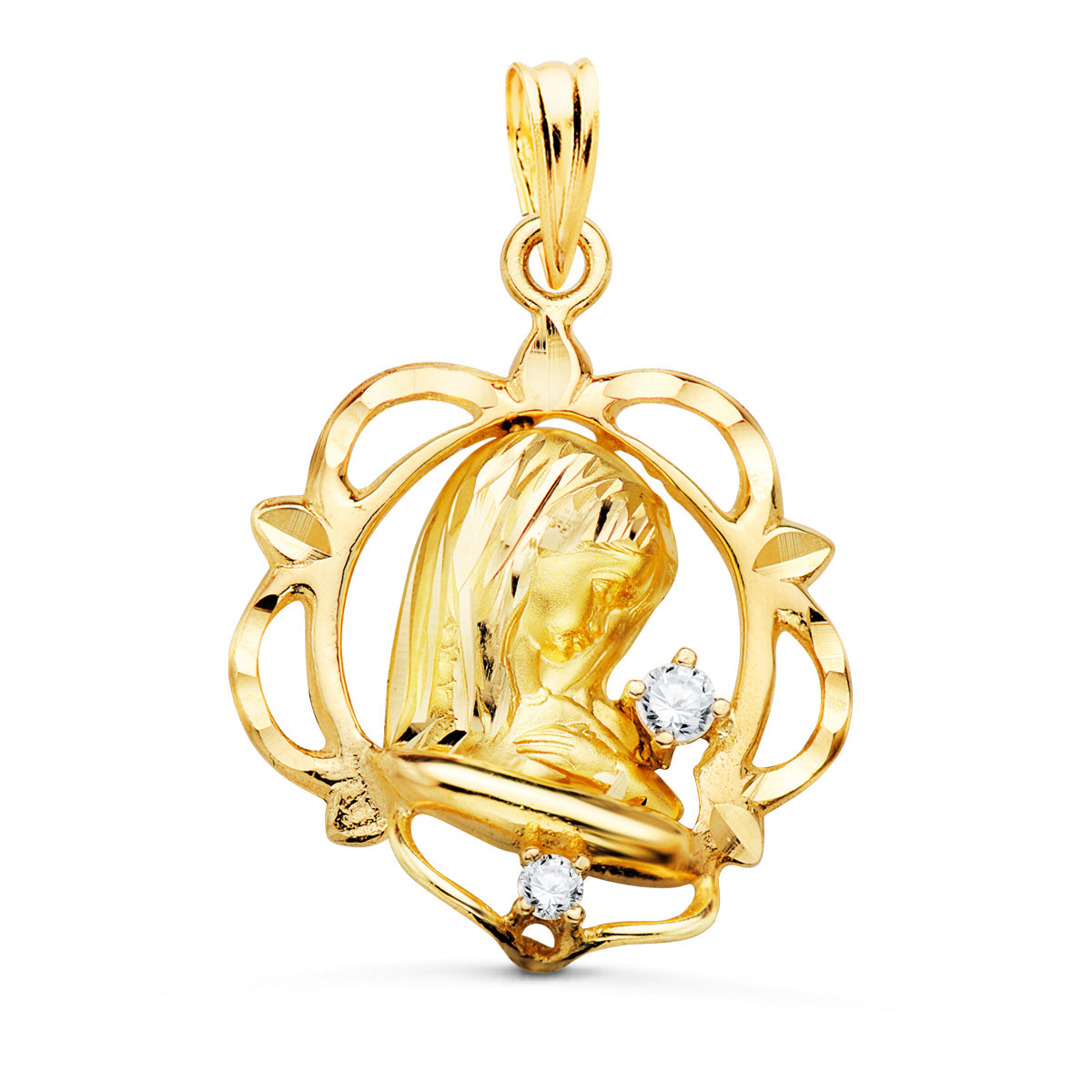 9K Médaille en Or Jaune Vierge et Oxydes de Zirconium. 21X19 mm