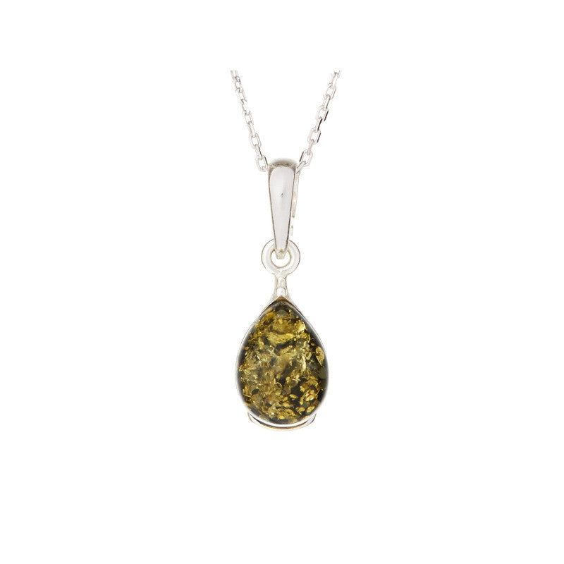 Green Amber Drop Pendant – 925 Rhodium Silver – Baltic Amber
