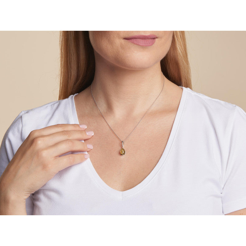 Green Amber Drop Pendant – 925 Rhodium Silver – Baltic Amber