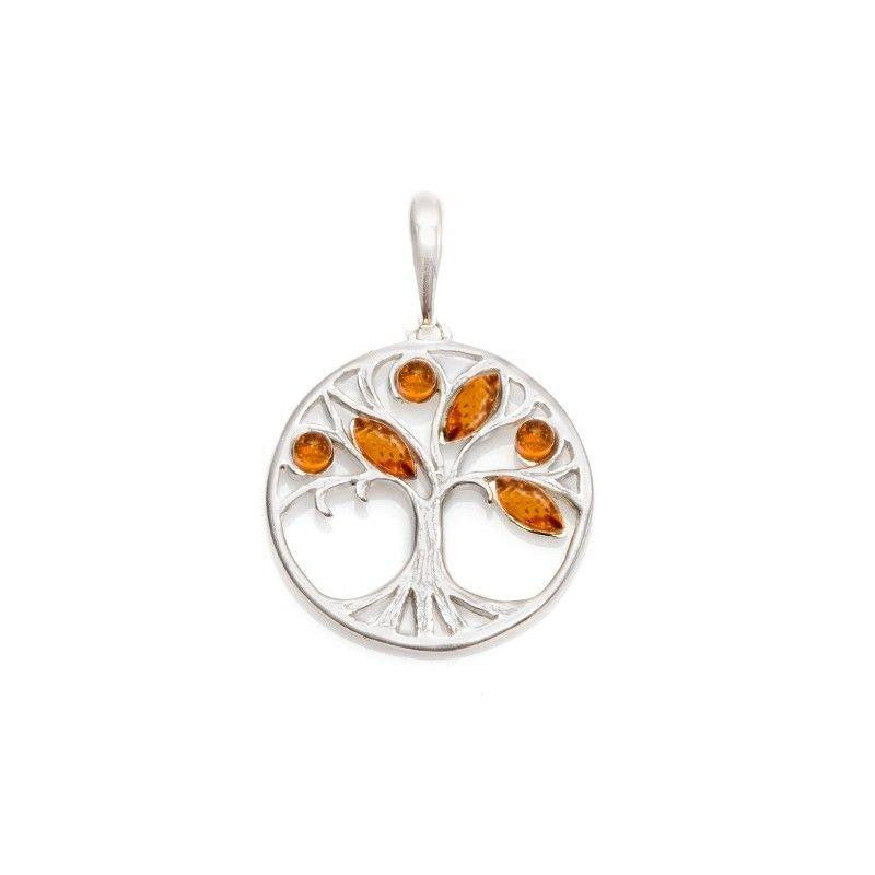 Cognac Amber Tree of Life Pendant – 925 Rhodium Silver – Baltic Amber