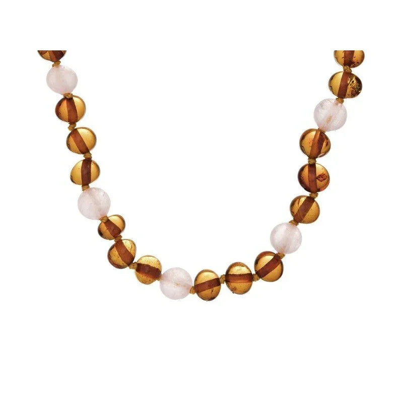 Ambre - Collier Bébé - Cognac et Quartz Rose - Taille Ronde