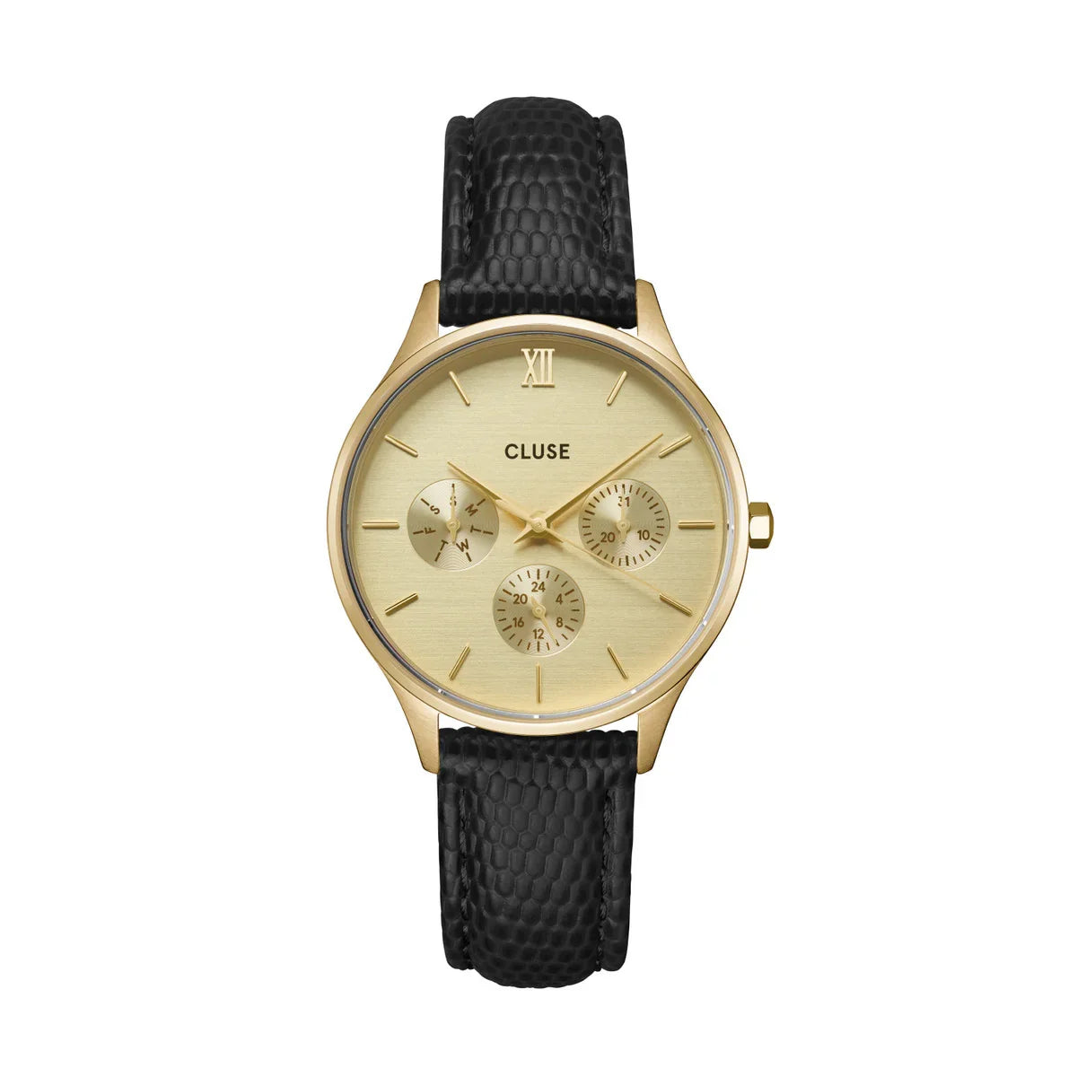 Minuit Multifonction - Doré Cuir Noir - Montre Cluse