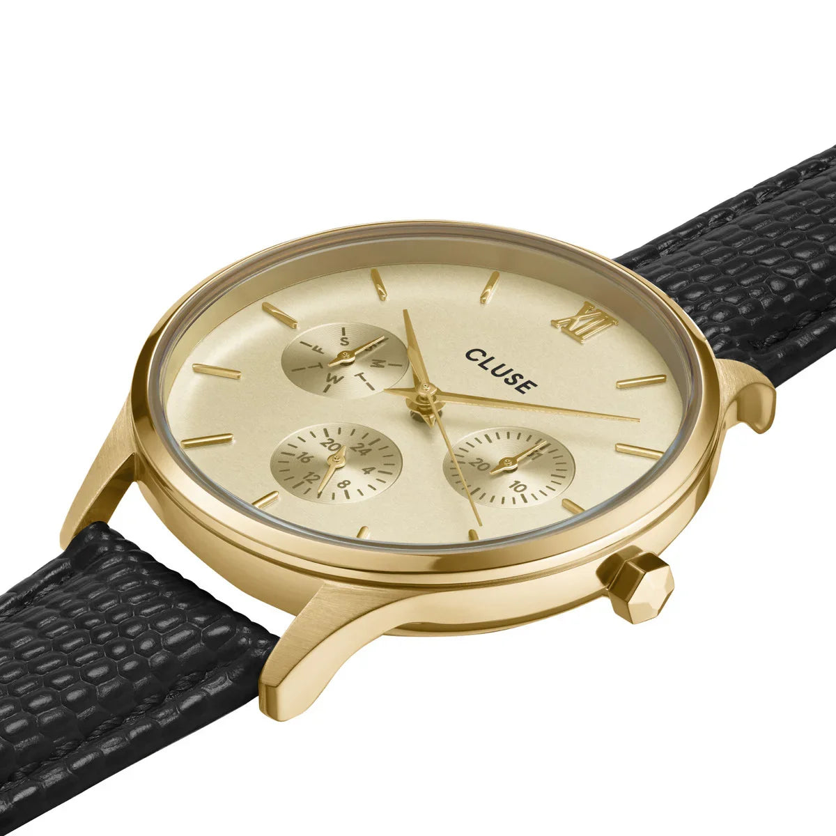 Minuit Multifonction - Doré Cuir Noir - Montre Cluse vue 3