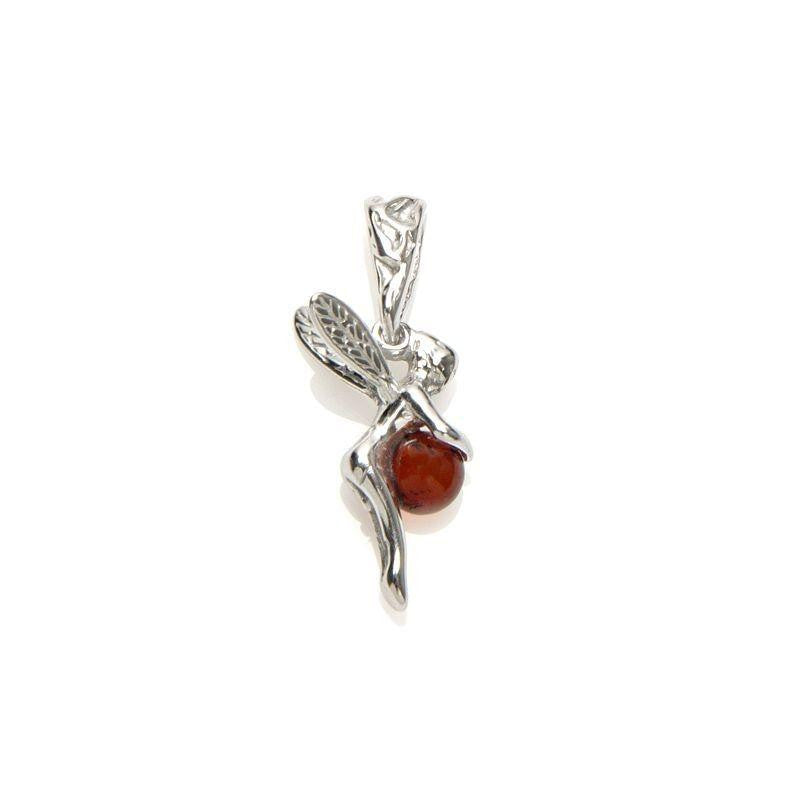 Cognac Amber Fairy Pendant – 925 Rhodium Silver – Baltic Amber
