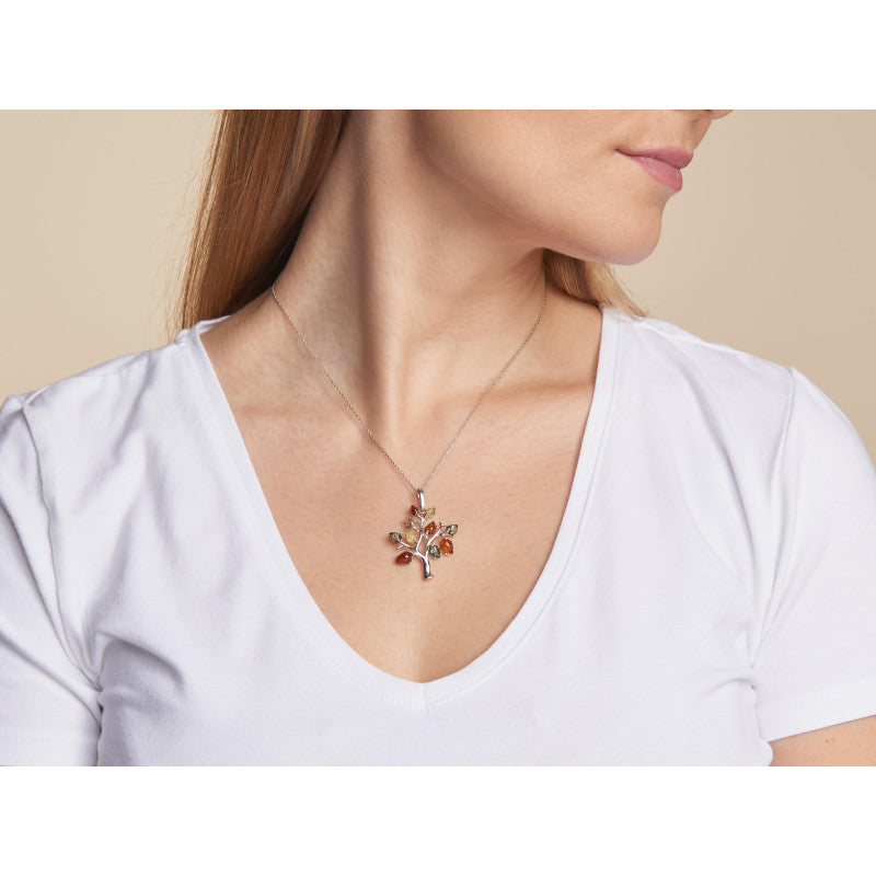 Großer mehrfarbiger Lebensbaum-Anhänger aus Bernstein – 925er Rhodiumsilber – baltischer Bernstein