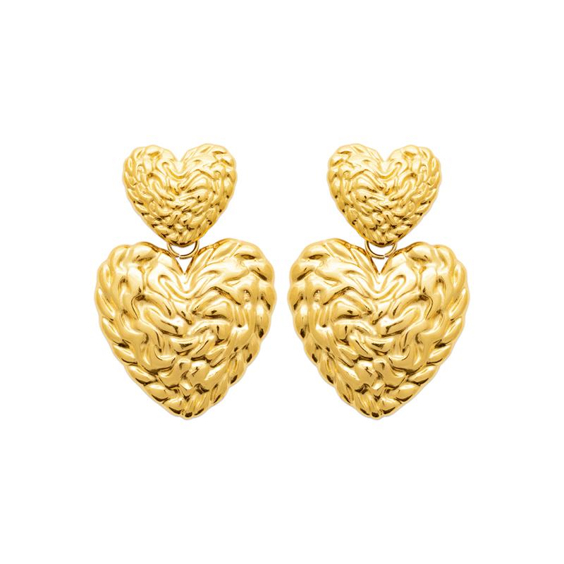 Double Heart Hammered øredobber – Golden Steel | Azulin
