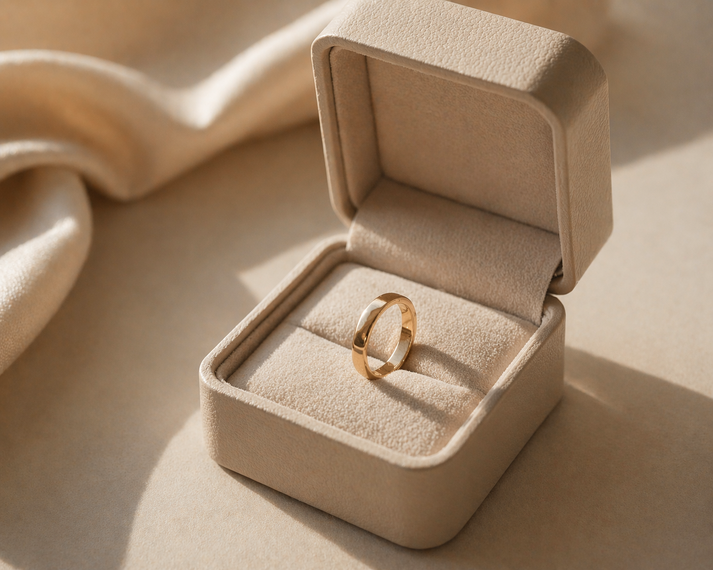 Bague en or dans une boîte à bijoux après réparation, bijou prêt à être porté ou offert