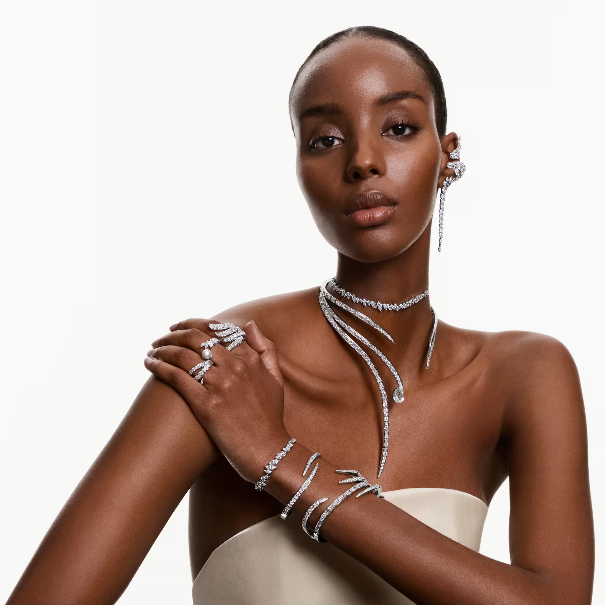Bracciale rigido Swarovski - Cigno di Vienna - Bianco e argento (S)