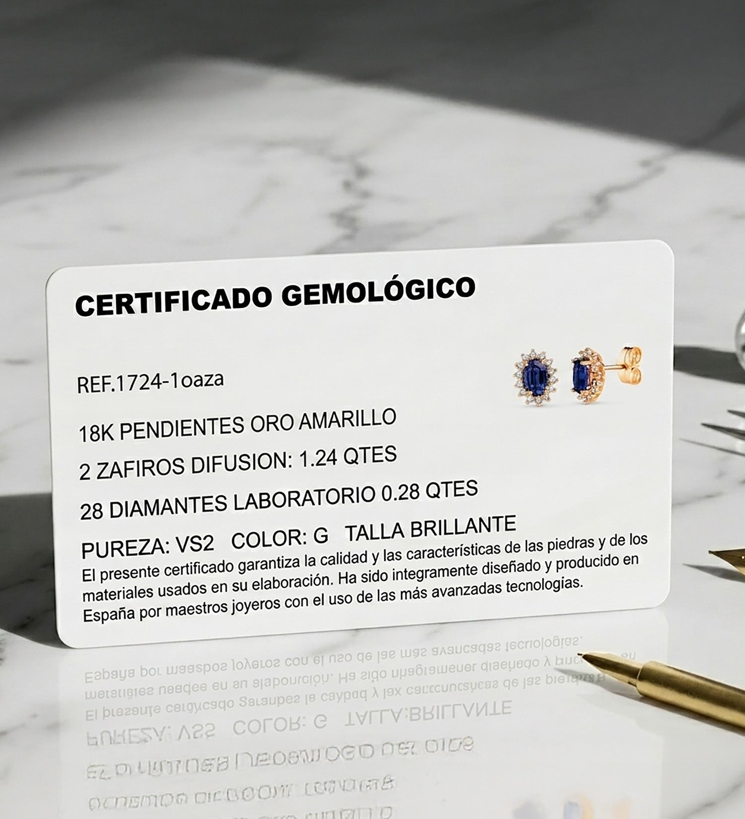 18K gul guld øreringe Safir 6X4 mm 1,24 Ct og 28 Lab diamanter 0,280 Ct VS2-G 9,5X8 mm tryklås