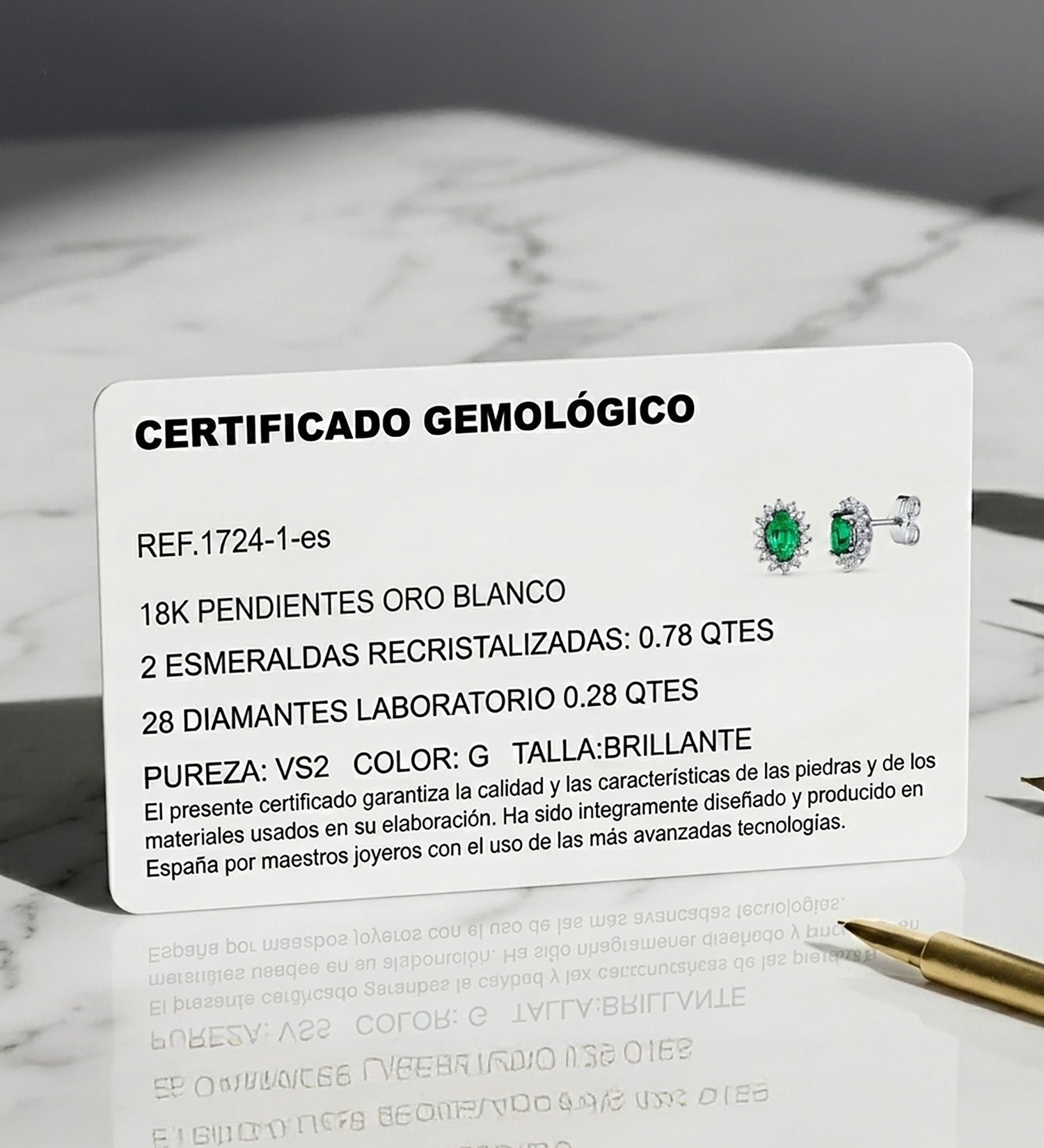 Brincos de ouro branco 18K 28 diamantes de laboratório e esmeralda 6X4 mm 0,78 Qts 0,28 Qts VS2-G 9,5X8 mm fecho borboleta