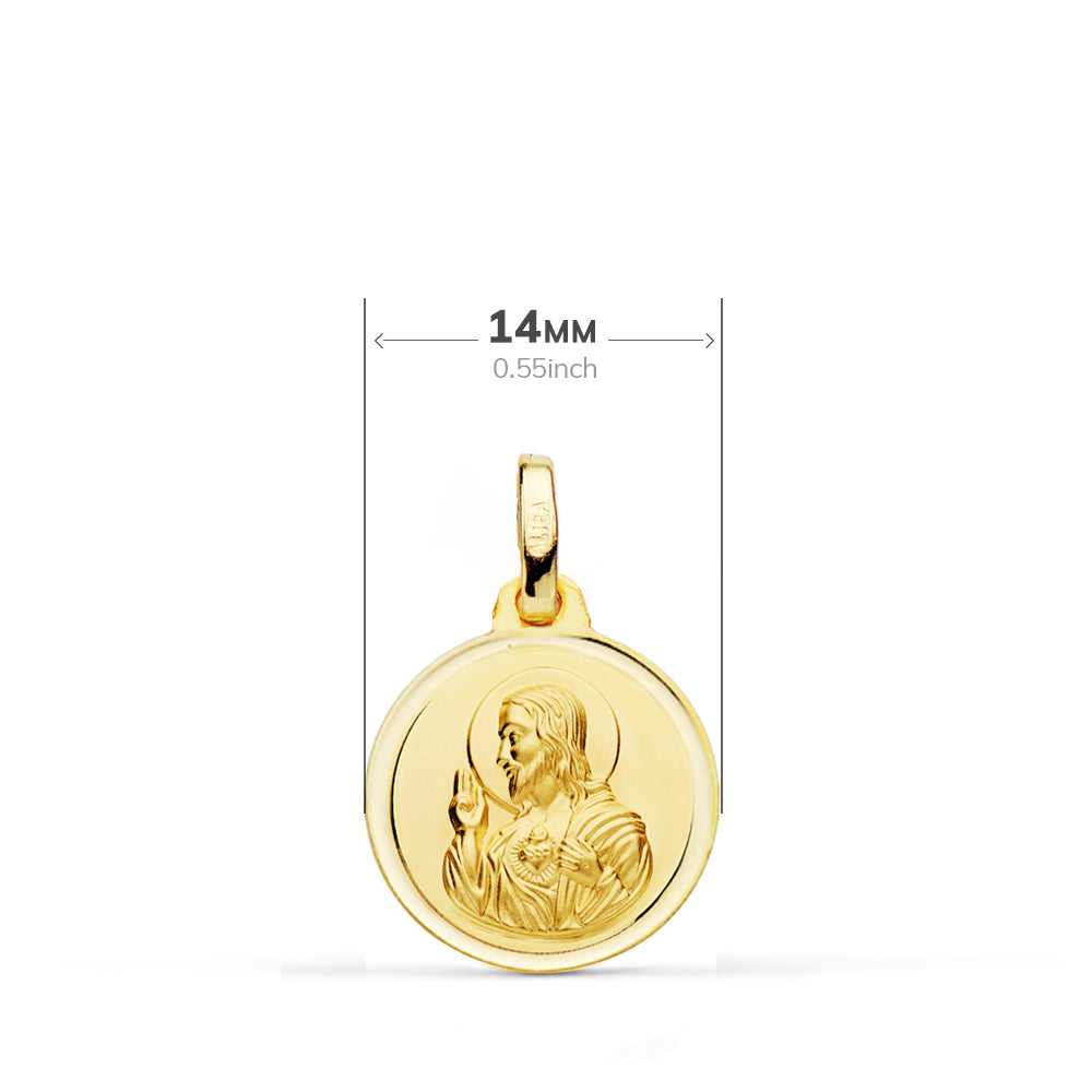 Escapulario Oro Amarillo 18K Bisel Virgen Del Carmen Corazón de Jesús 14 mm