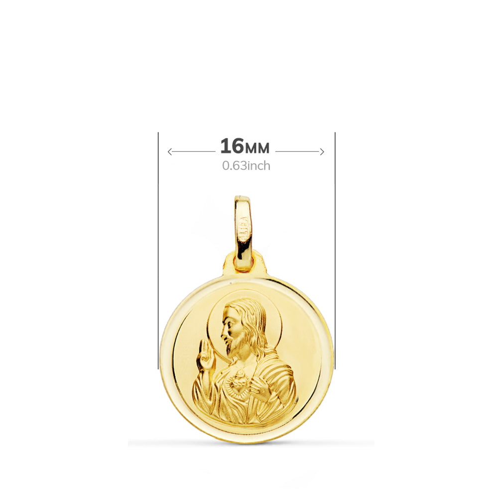 Lunette en Or Jaune 18K Scapulaire Vierge Del Carmen Coeur de Jésus 16 mm