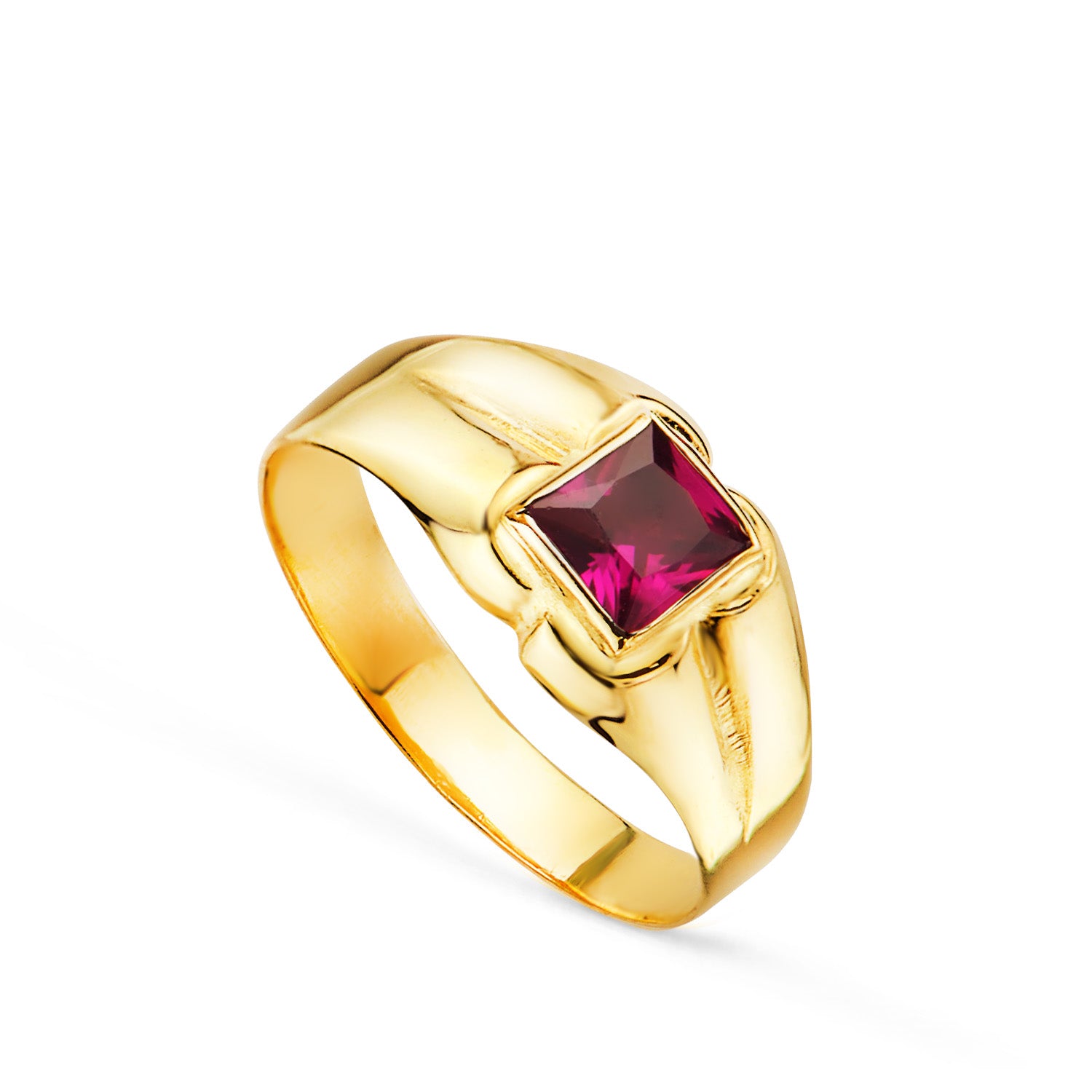 9K Chevalière pour Bébé en Or Jaune. Pierre Rouge Carrée. 4 mm
