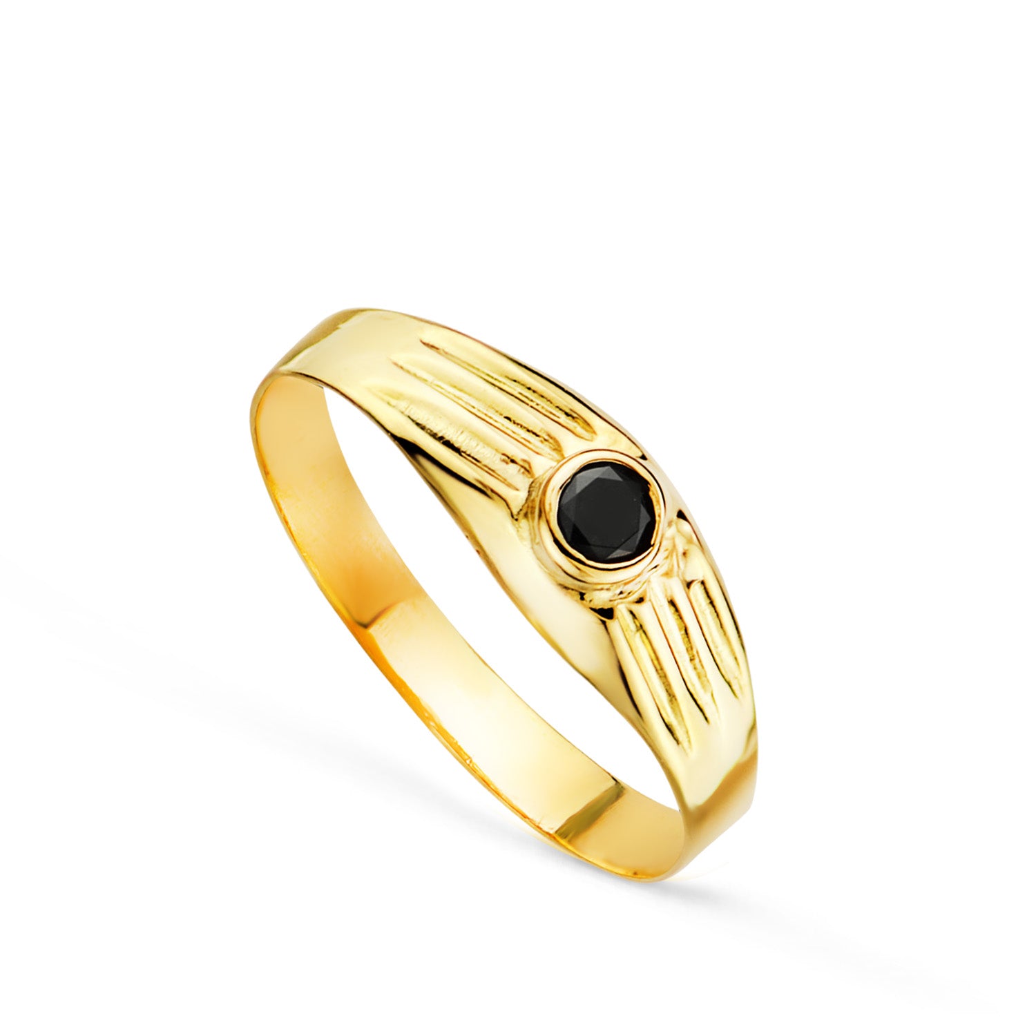 Or Jaune 18K Solitaire Creux Bébé Ou Pinky Doigt Zircone Noire 3MM Côté Galloné